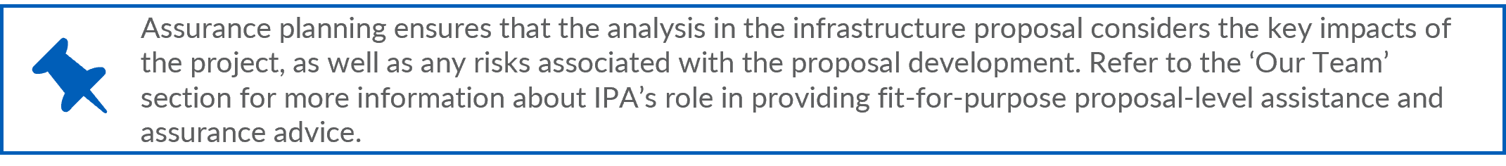 Assurance planning ensures that the analysis in the infrastructure proposal considers the key impacts of the project, as well as any risks associated with the proposal development. Refer to the ‘Our Team’ section for more information about IAD’s role in providing fit-for-purpose, proposal-level assistance and assurance advice.
